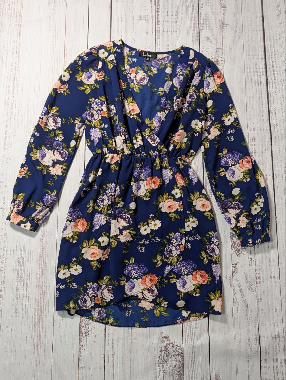 Lulus Navy Blue Floral Long Sleeve Faux Wrap Tulip Hem Mini Dress M - Picture 3 of 12